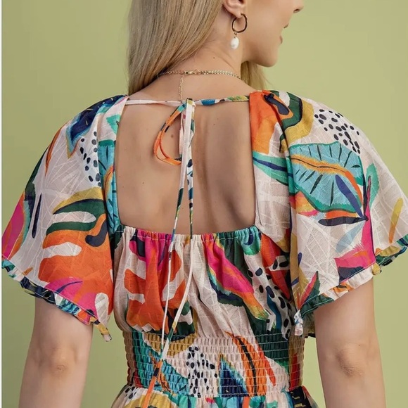 Vibrant Tropical Print Smocked Waist Boho Midi Dress - Picture 6 of 7